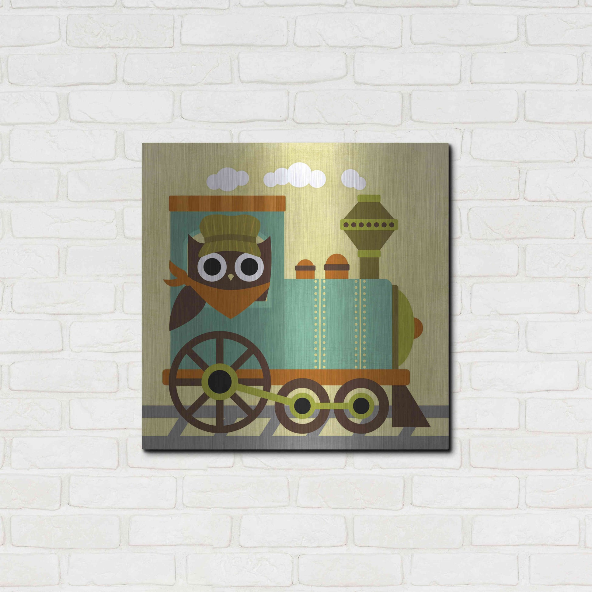 Luxe Metal Art 'Owl Train Conductor' by Nancy Lee, Metal Wall Art,24x24