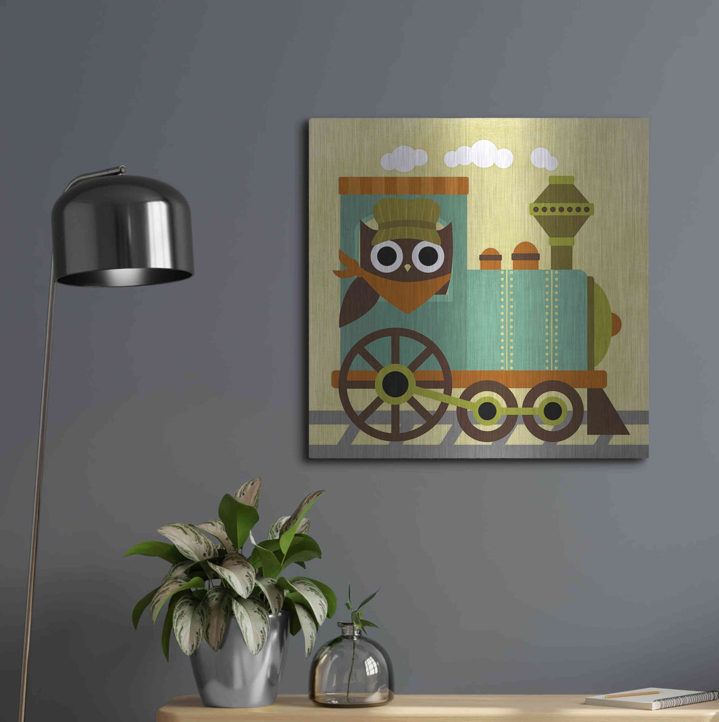 Luxe Metal Art 'Owl Train Conductor' by Nancy Lee, Metal Wall Art,24x24