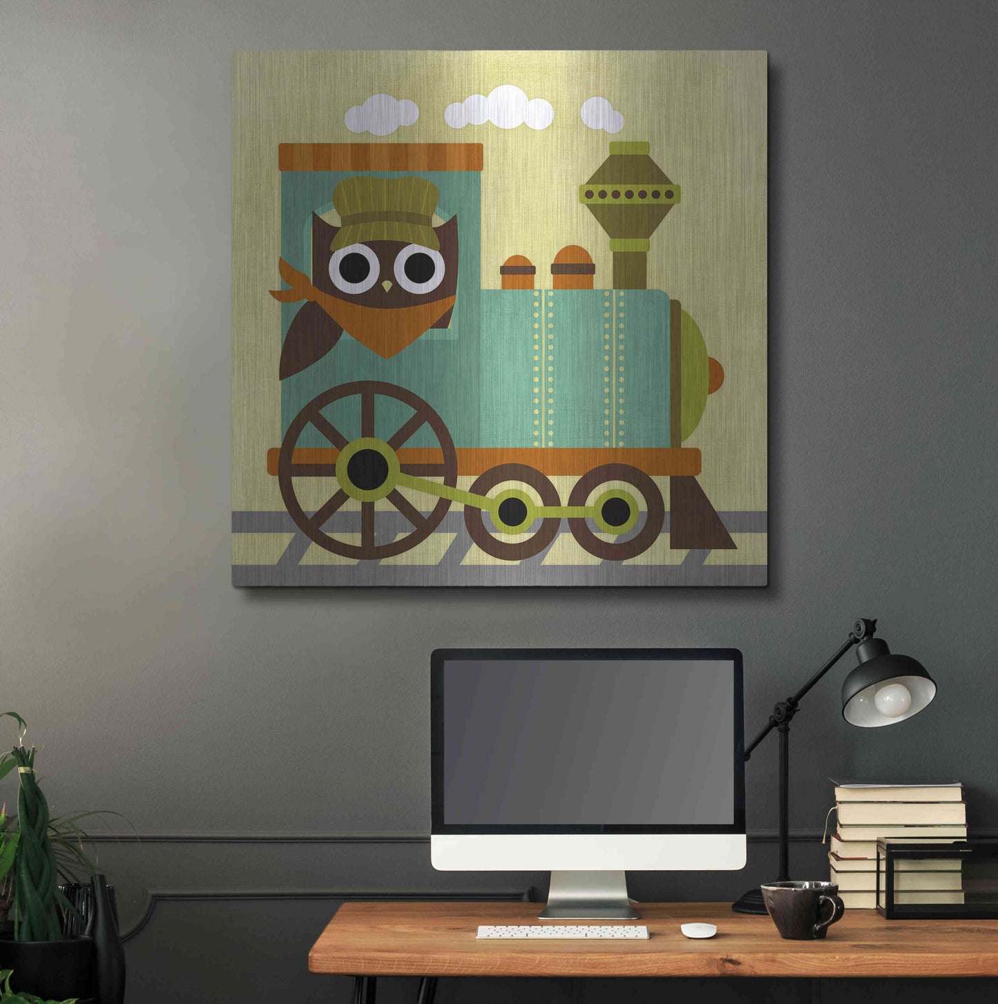 Luxe Metal Art 'Owl Train Conductor' by Nancy Lee, Metal Wall Art,36x36