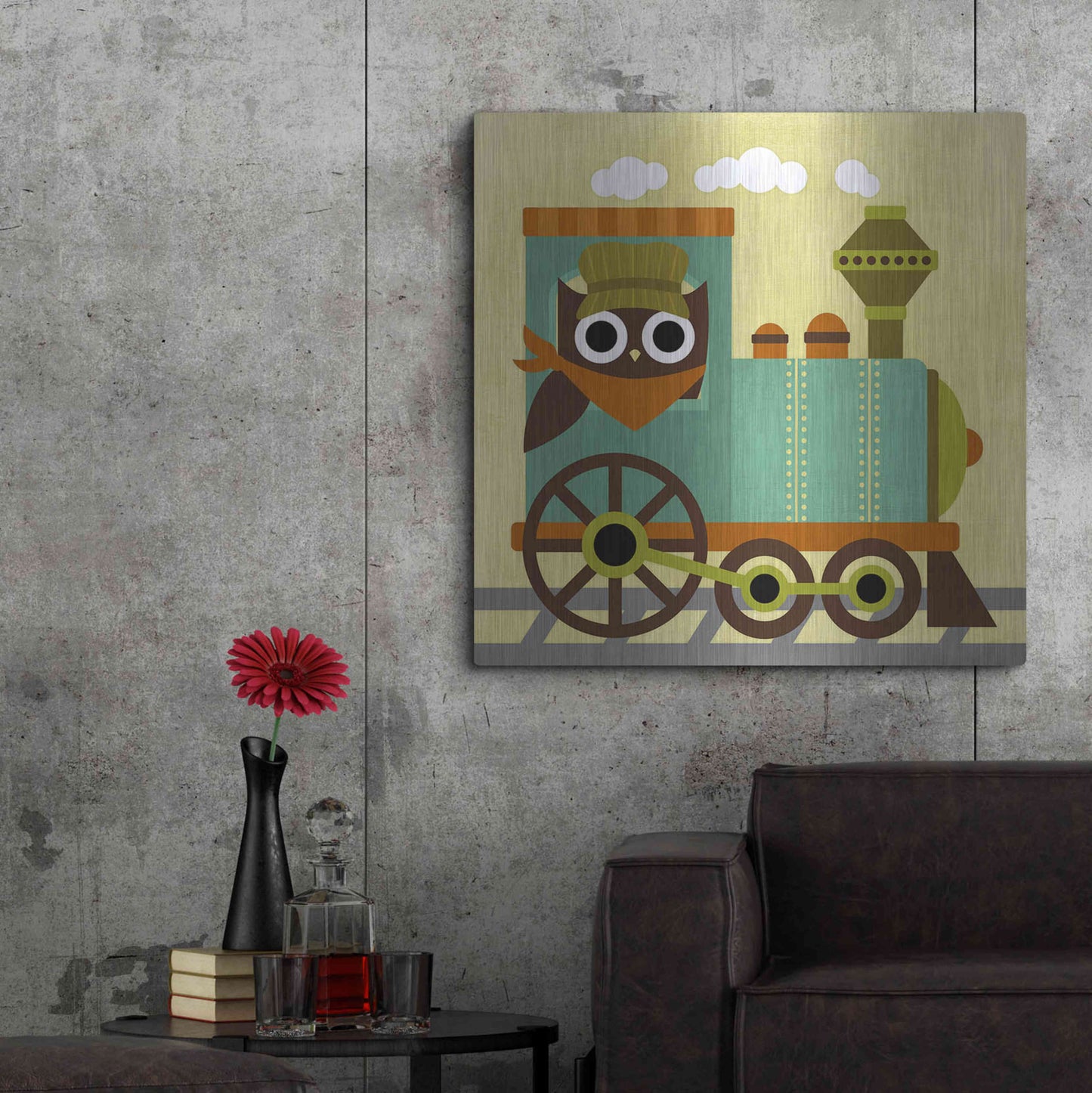 Luxe Metal Art 'Owl Train Conductor' by Nancy Lee, Metal Wall Art,36x36