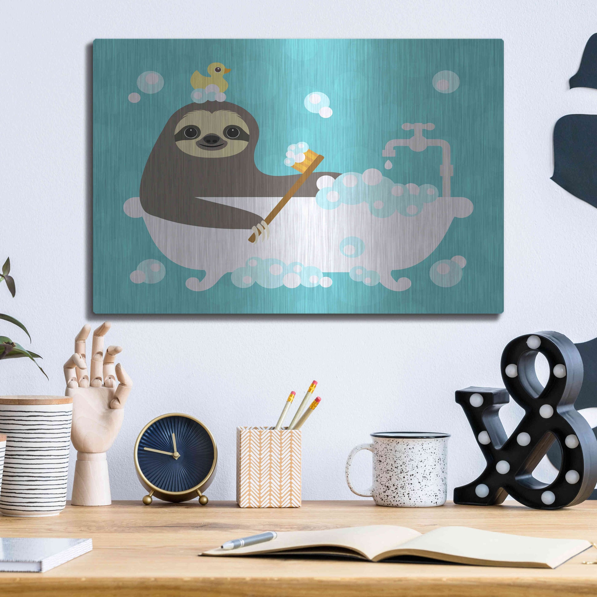 Luxe Metal Art 'Scrubbing Bubbles Sloth' by Nancy Lee, Metal Wall Art,16x12