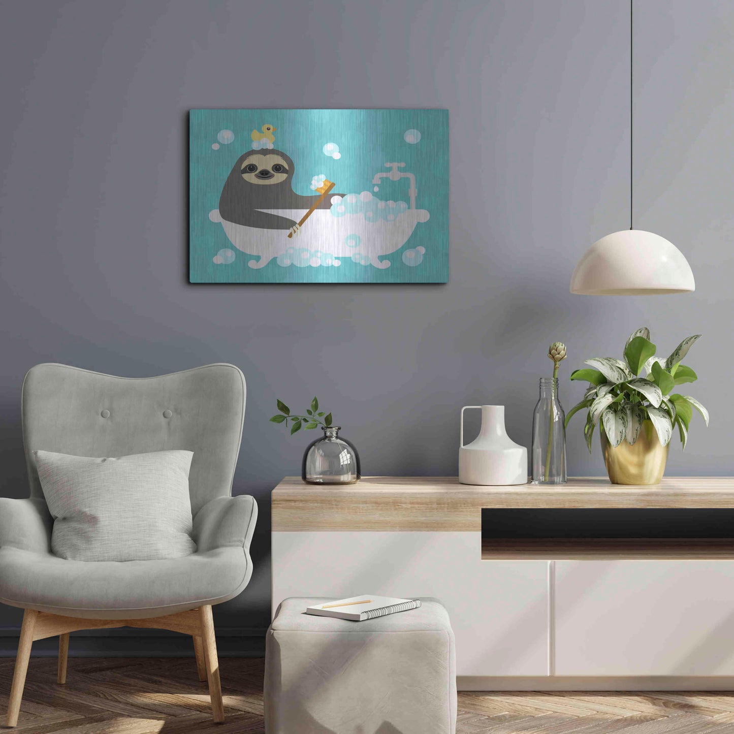 Luxe Metal Art 'Scrubbing Bubbles Sloth' by Nancy Lee, Metal Wall Art,24x16