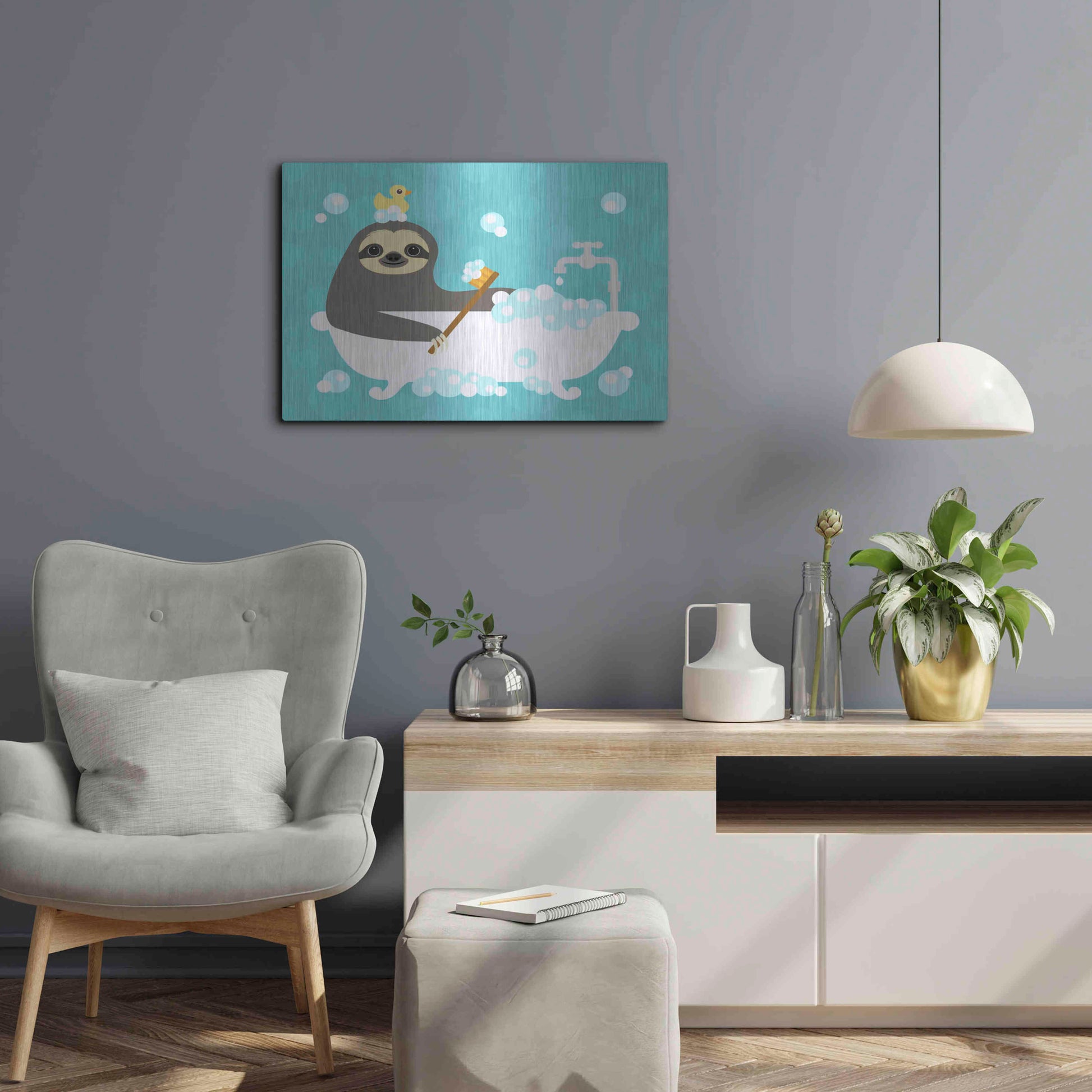 Luxe Metal Art 'Scrubbing Bubbles Sloth' by Nancy Lee, Metal Wall Art,24x16