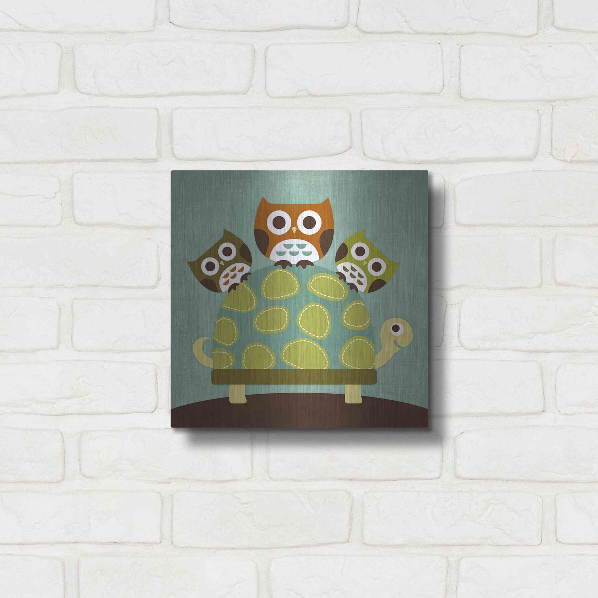 Luxe Metal Art 'Three Owls on Turtle' by Nancy Lee, Metal Wall Art,12x12