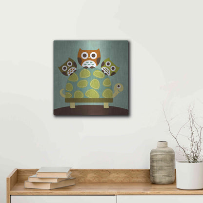 Luxe Metal Art 'Three Owls on Turtle' by Nancy Lee, Metal Wall Art,12x12