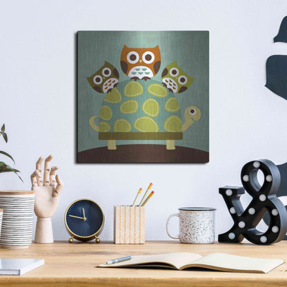 Luxe Metal Art 'Three Owls on Turtle' by Nancy Lee, Metal Wall Art,12x12