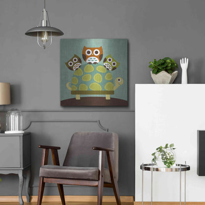 Luxe Metal Art 'Three Owls on Turtle' by Nancy Lee, Metal Wall Art,24x24