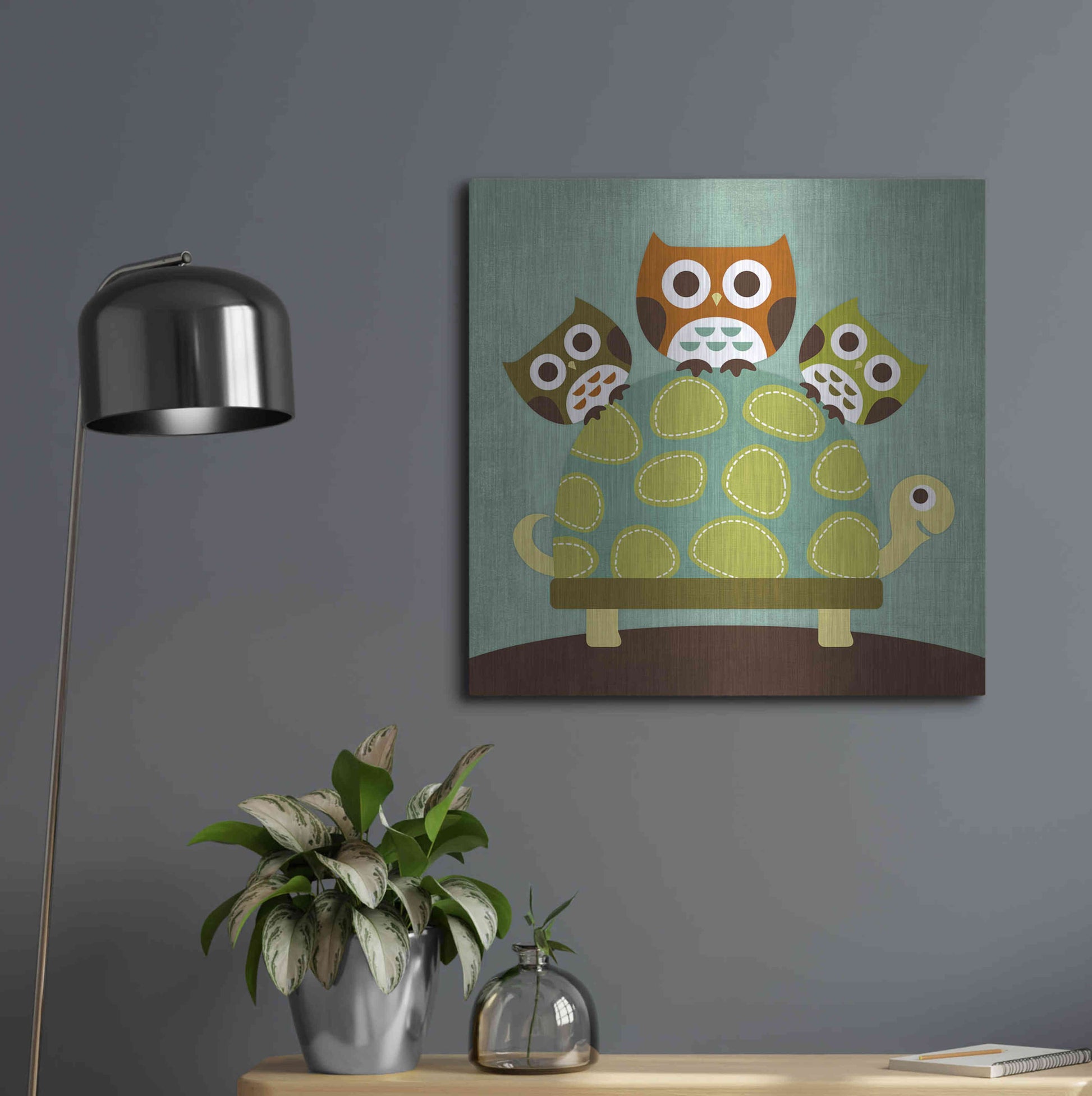 Luxe Metal Art 'Three Owls on Turtle' by Nancy Lee, Metal Wall Art,24x24