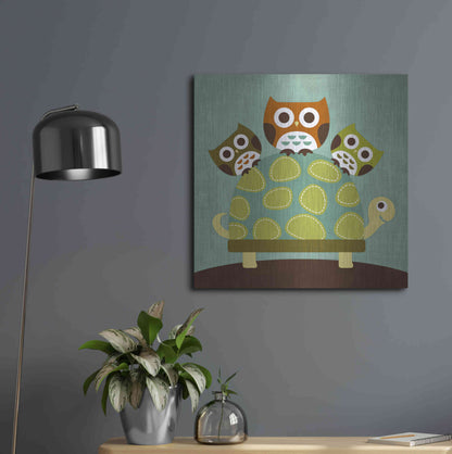 Luxe Metal Art 'Three Owls on Turtle' by Nancy Lee, Metal Wall Art,24x24