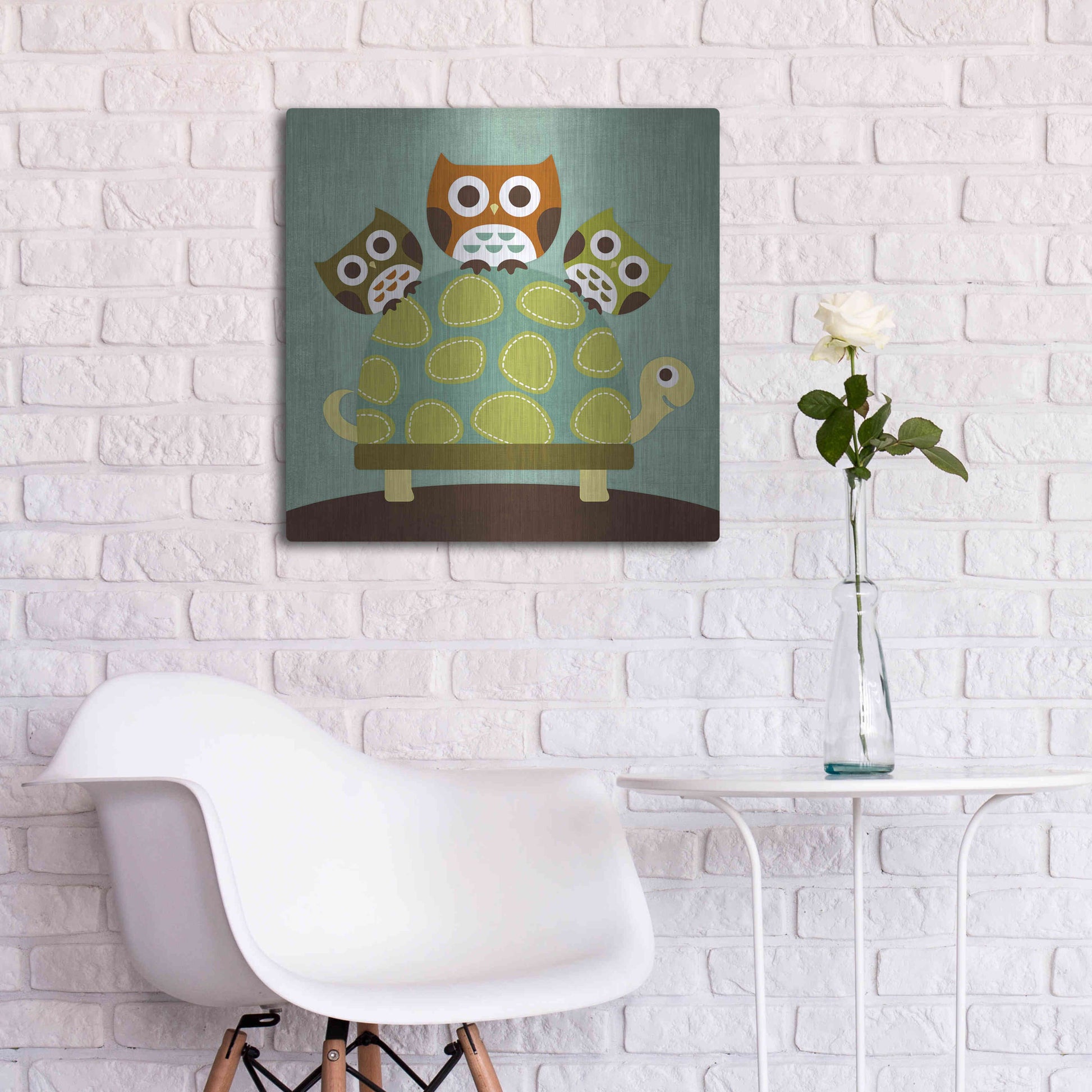 Luxe Metal Art 'Three Owls on Turtle' by Nancy Lee, Metal Wall Art,24x24