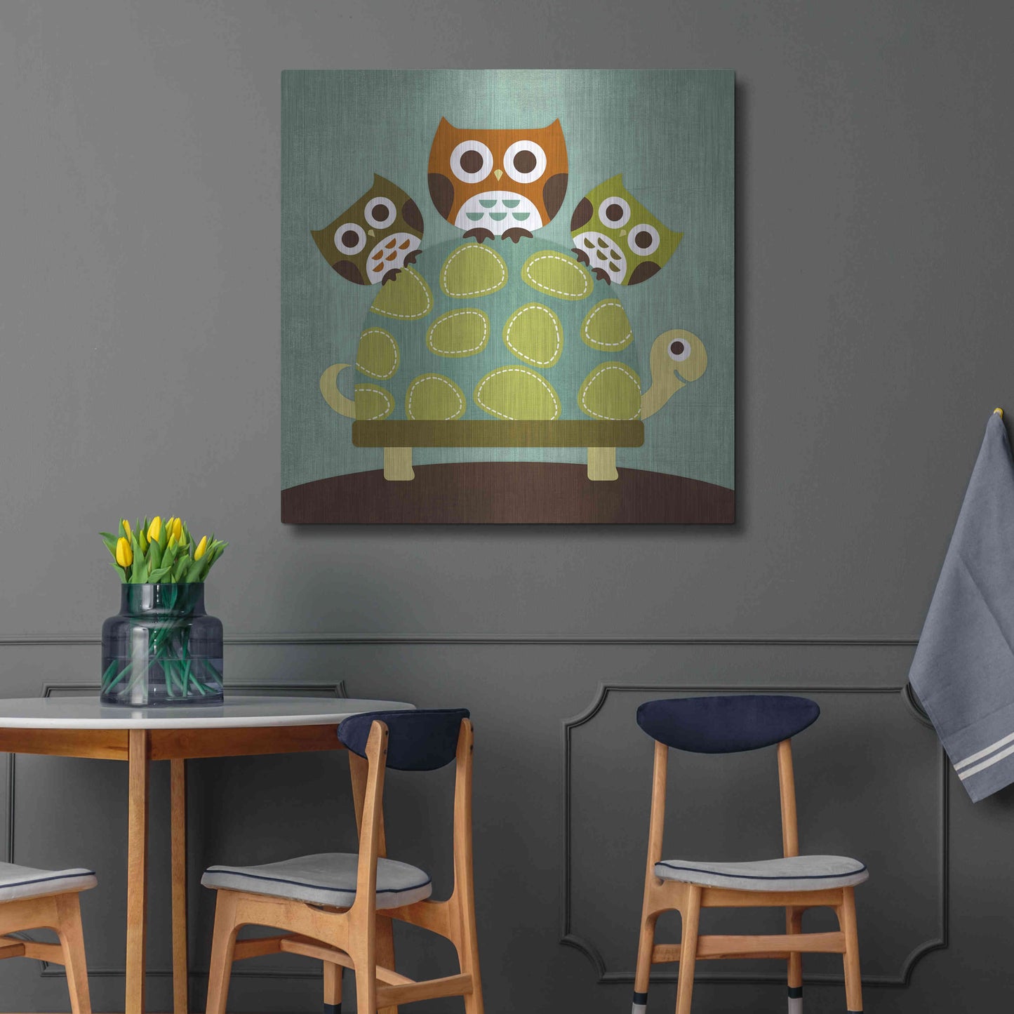 Luxe Metal Art 'Three Owls on Turtle' by Nancy Lee, Metal Wall Art,36x36