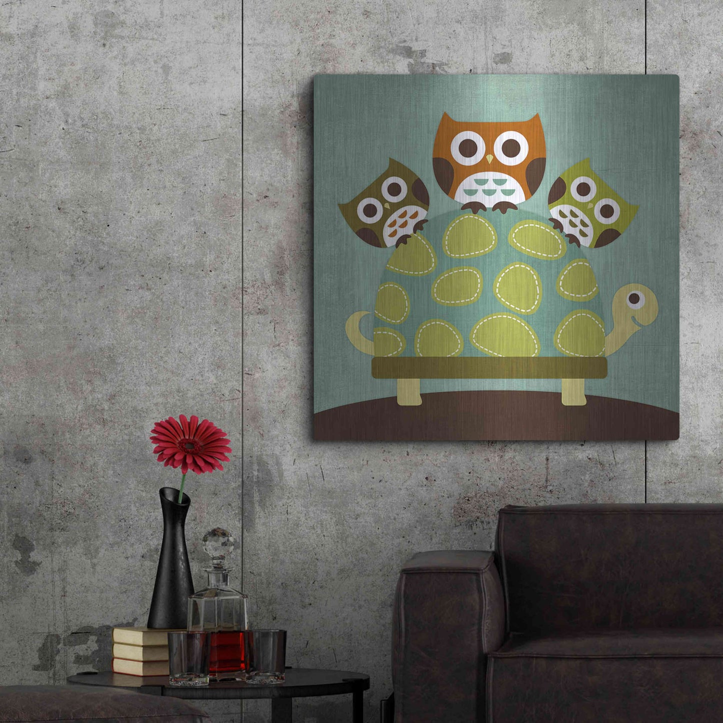 Luxe Metal Art 'Three Owls on Turtle' by Nancy Lee, Metal Wall Art,36x36