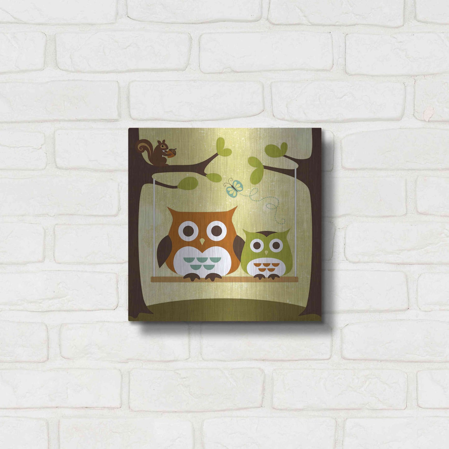 Luxe Metal Art 'Two Owls on Swing' by Nancy Lee, Metal Wall Art,12x12