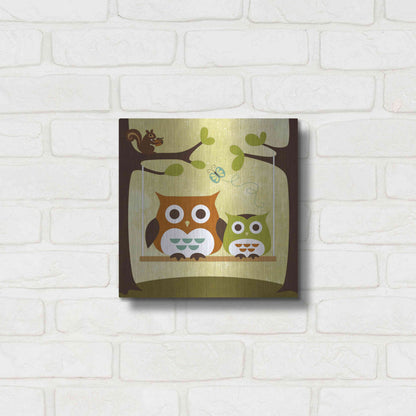 Luxe Metal Art 'Two Owls on Swing' by Nancy Lee, Metal Wall Art,12x12