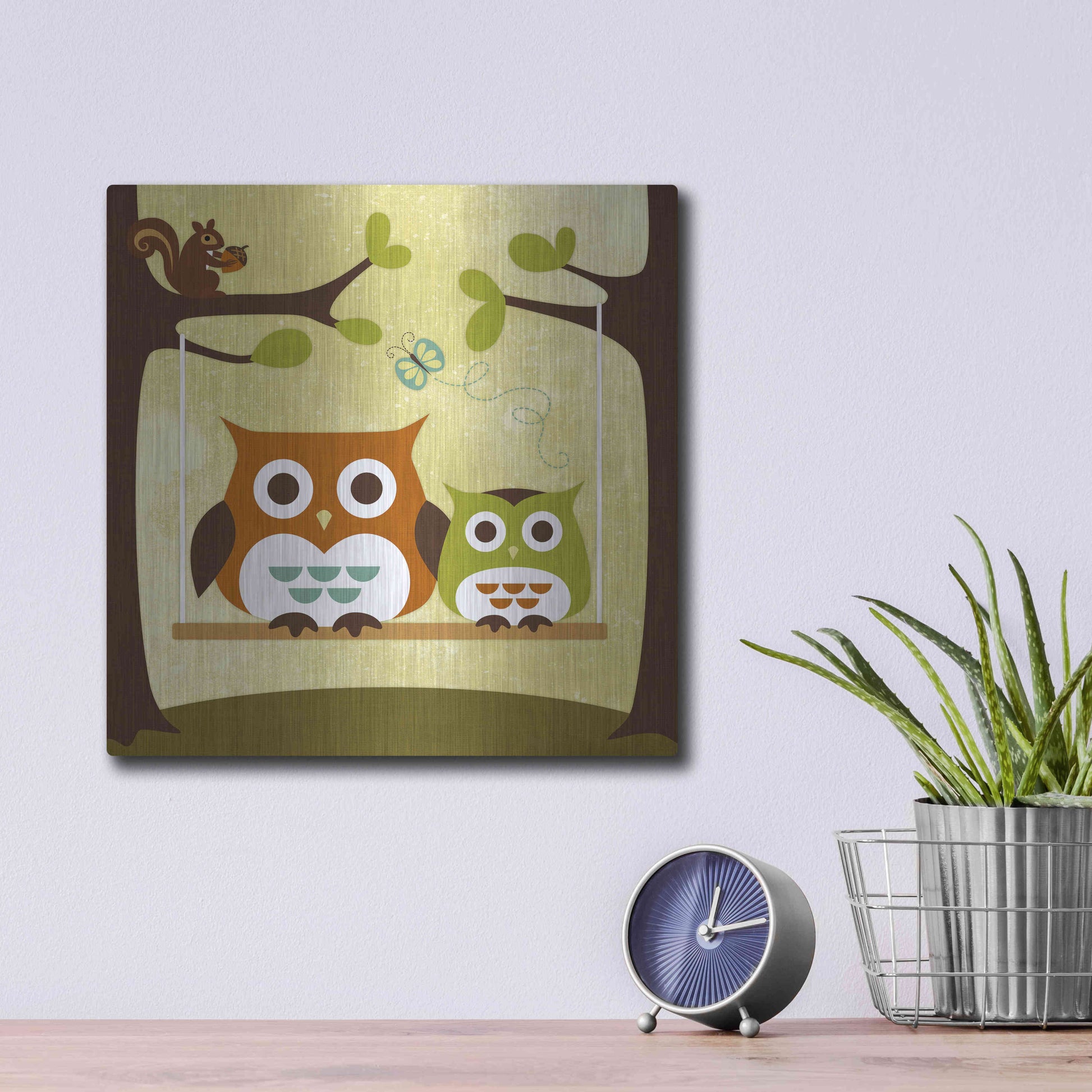 Luxe Metal Art 'Two Owls on Swing' by Nancy Lee, Metal Wall Art,12x12