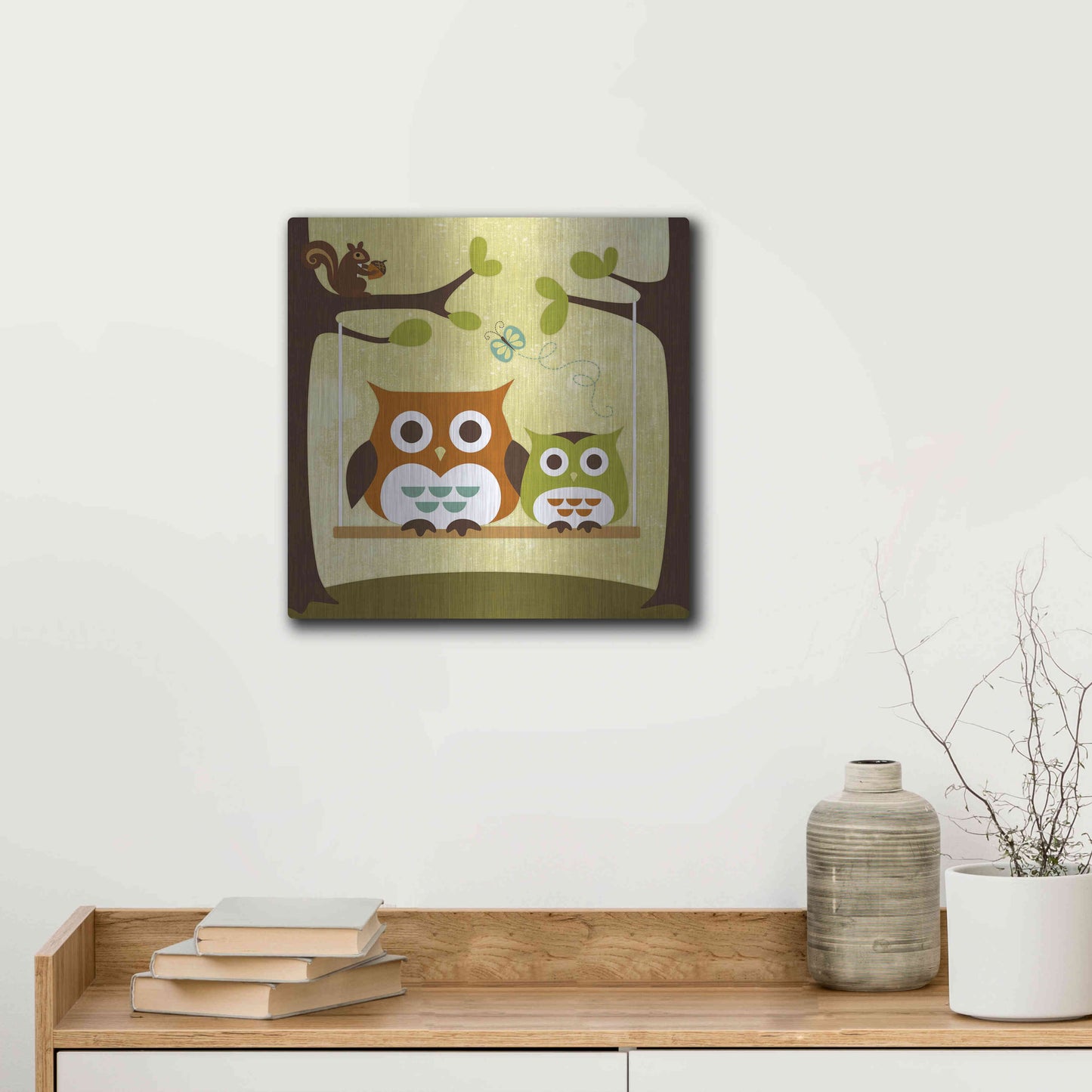 Luxe Metal Art 'Two Owls on Swing' by Nancy Lee, Metal Wall Art,12x12