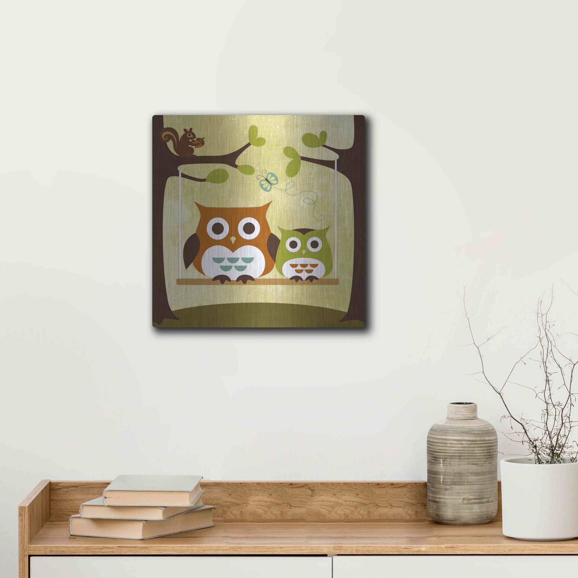 Luxe Metal Art 'Two Owls on Swing' by Nancy Lee, Metal Wall Art,12x12