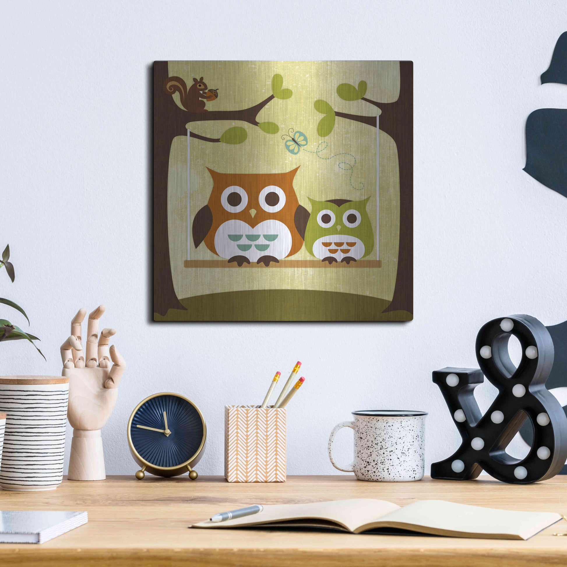 Luxe Metal Art 'Two Owls on Swing' by Nancy Lee, Metal Wall Art,12x12