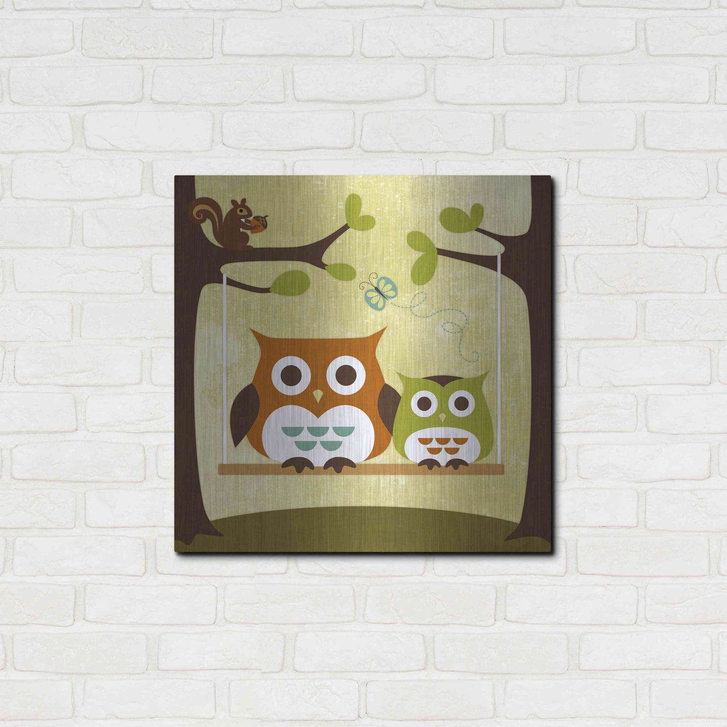 Luxe Metal Art 'Two Owls on Swing' by Nancy Lee, Metal Wall Art,24x24