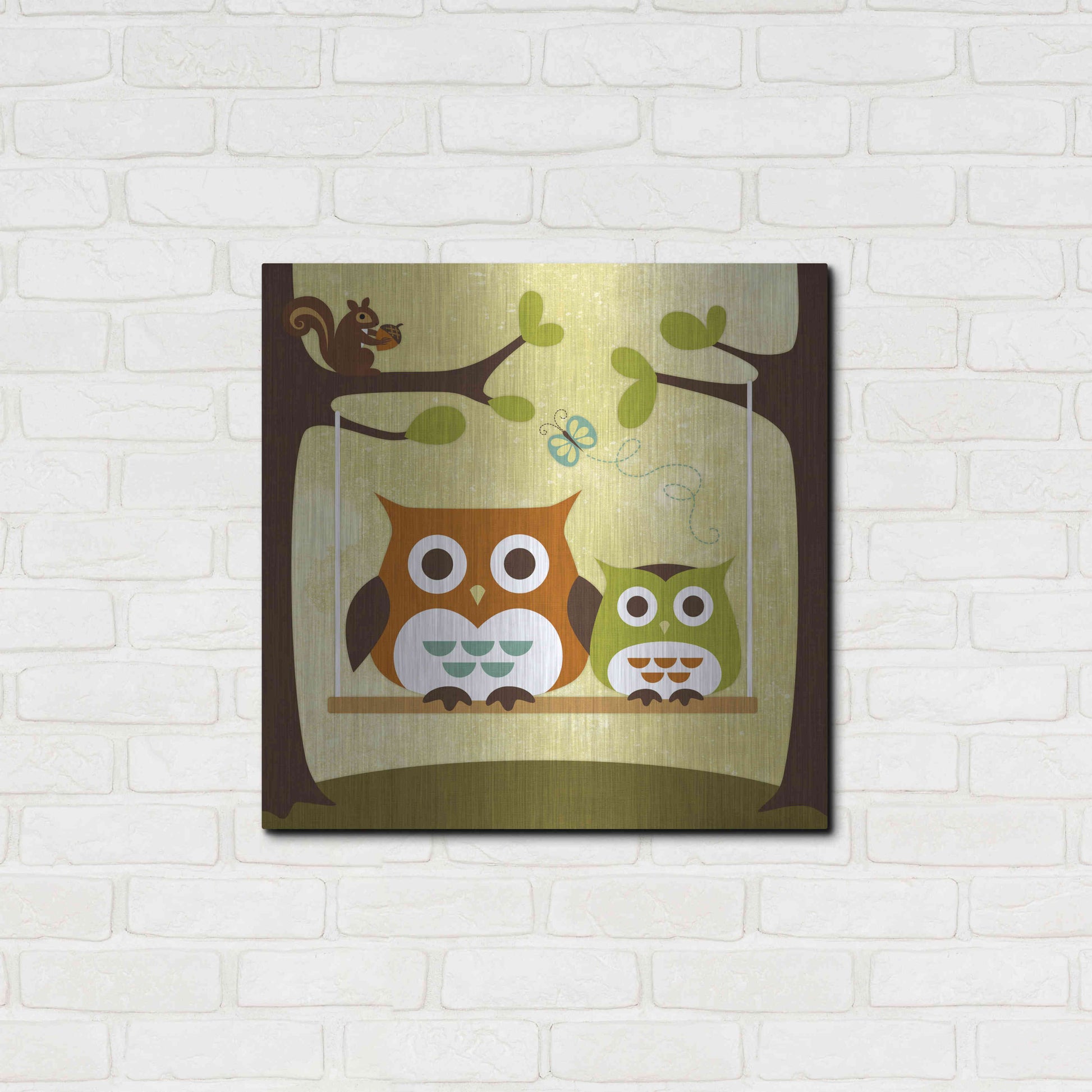 Luxe Metal Art 'Two Owls on Swing' by Nancy Lee, Metal Wall Art,24x24