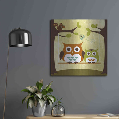 Luxe Metal Art 'Two Owls on Swing' by Nancy Lee, Metal Wall Art,24x24