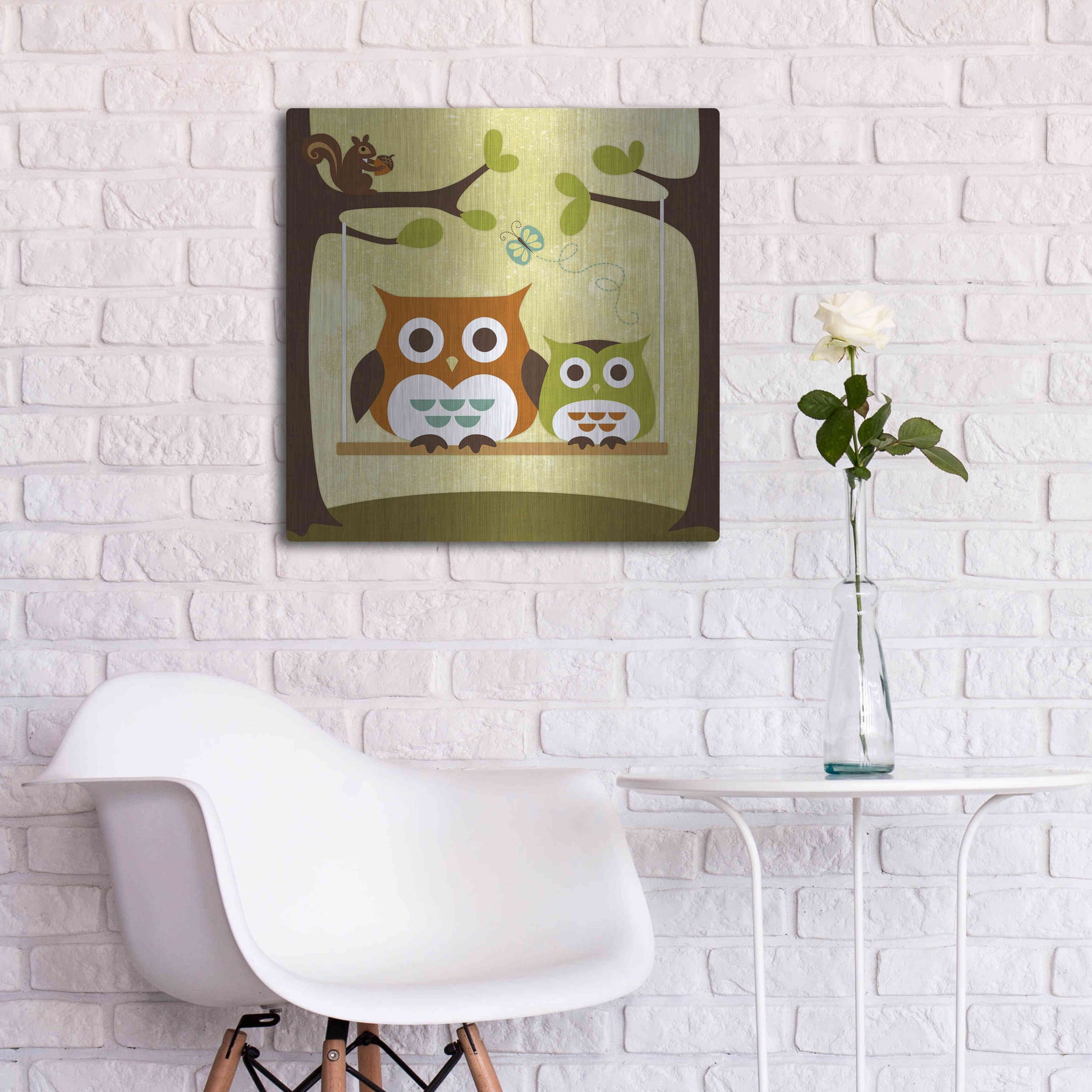 Luxe Metal Art 'Two Owls on Swing' by Nancy Lee, Metal Wall Art,24x24