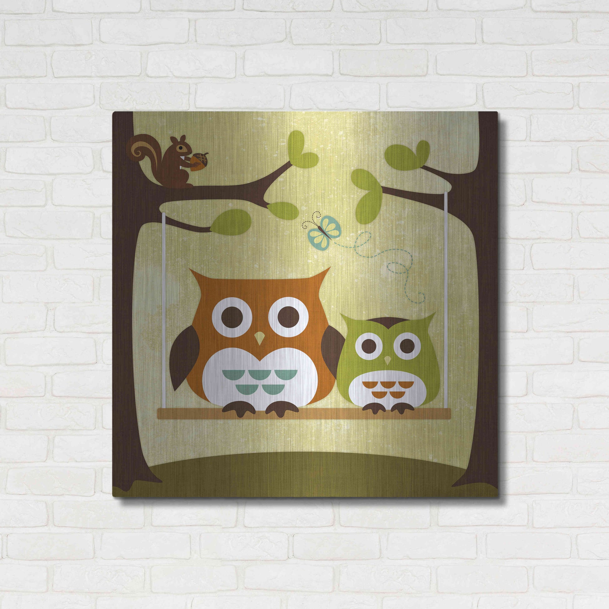Luxe Metal Art 'Two Owls on Swing' by Nancy Lee, Metal Wall Art,36x36