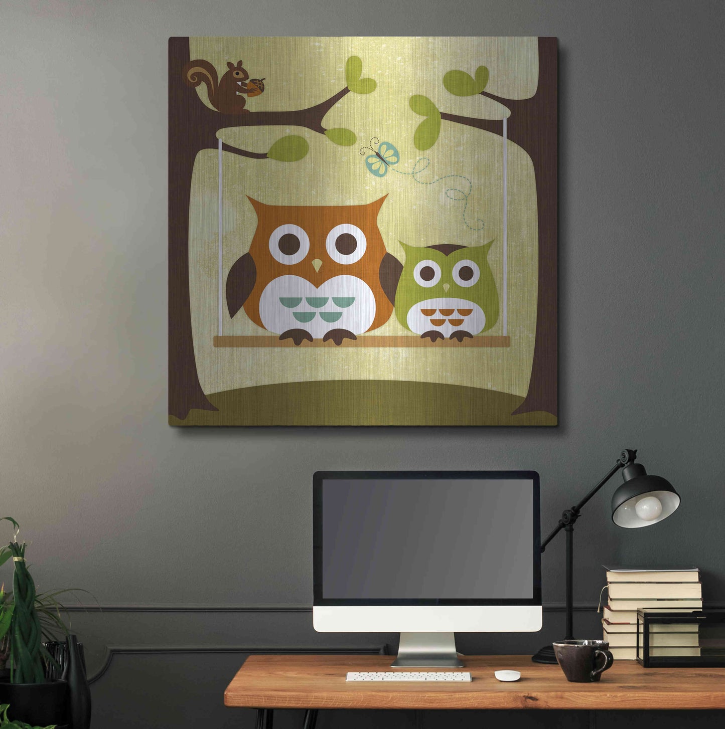 Luxe Metal Art 'Two Owls on Swing' by Nancy Lee, Metal Wall Art,36x36