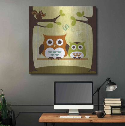 Luxe Metal Art 'Two Owls on Swing' by Nancy Lee, Metal Wall Art,36x36