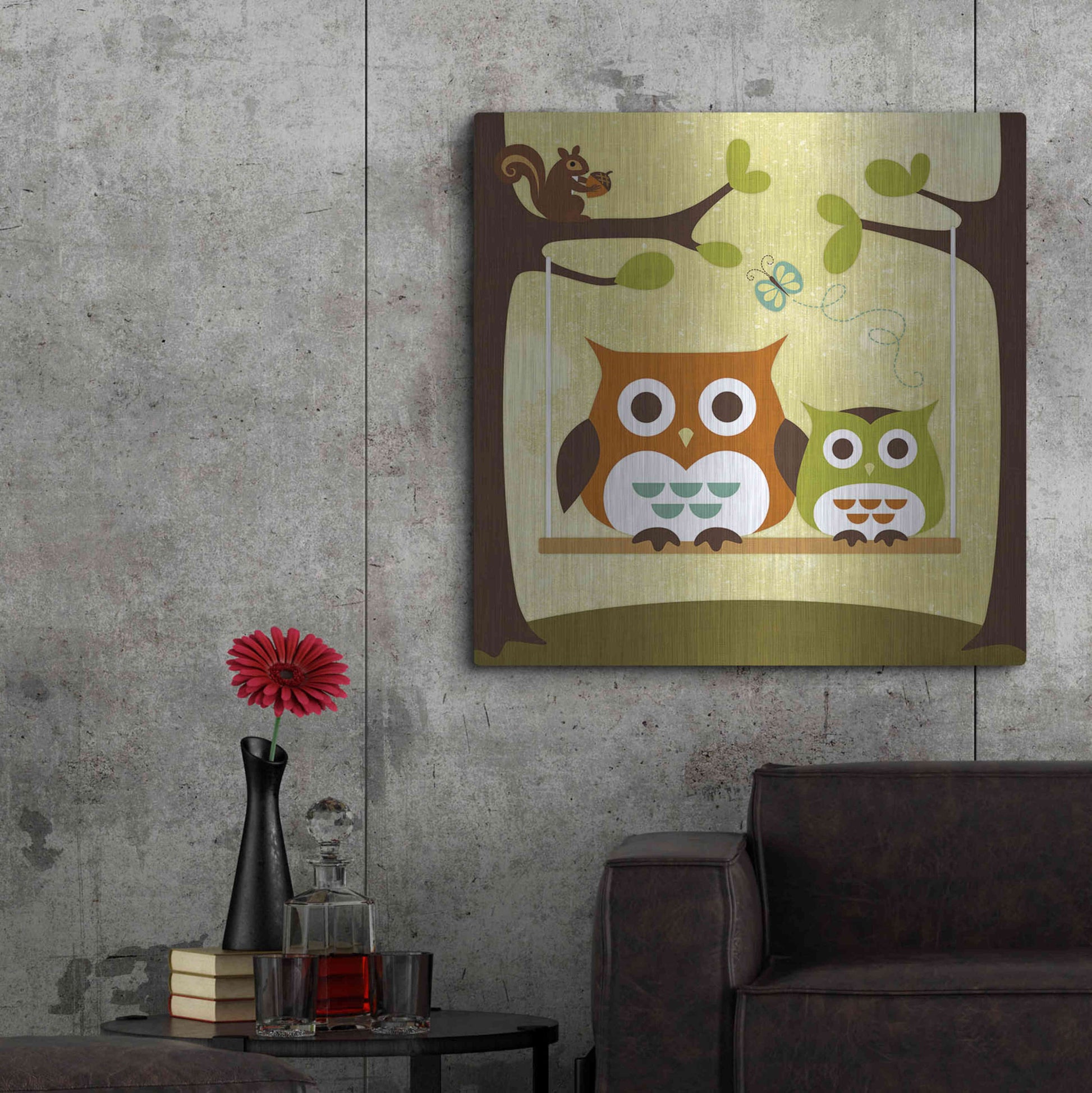 Luxe Metal Art 'Two Owls on Swing' by Nancy Lee, Metal Wall Art,36x36