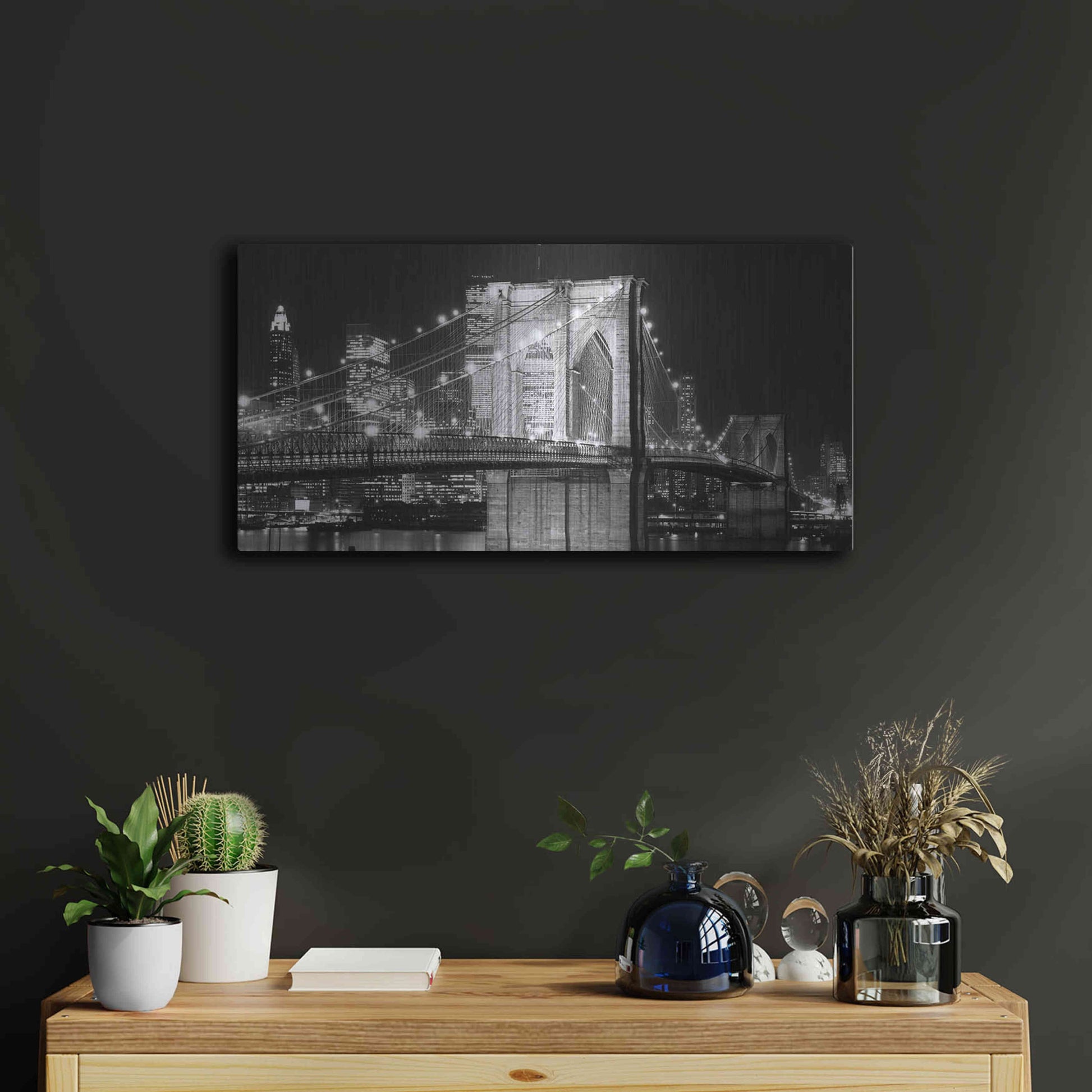 Luxe Metal Art 'Brooklyn Bridge at Night' by Jet Lowe, Metal Wall Art,24x12