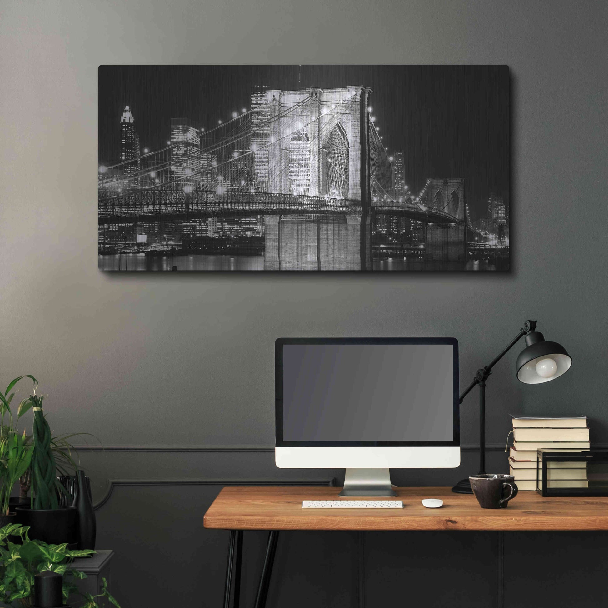 Luxe Metal Art 'Brooklyn Bridge at Night' by Jet Lowe, Metal Wall Art,48x24