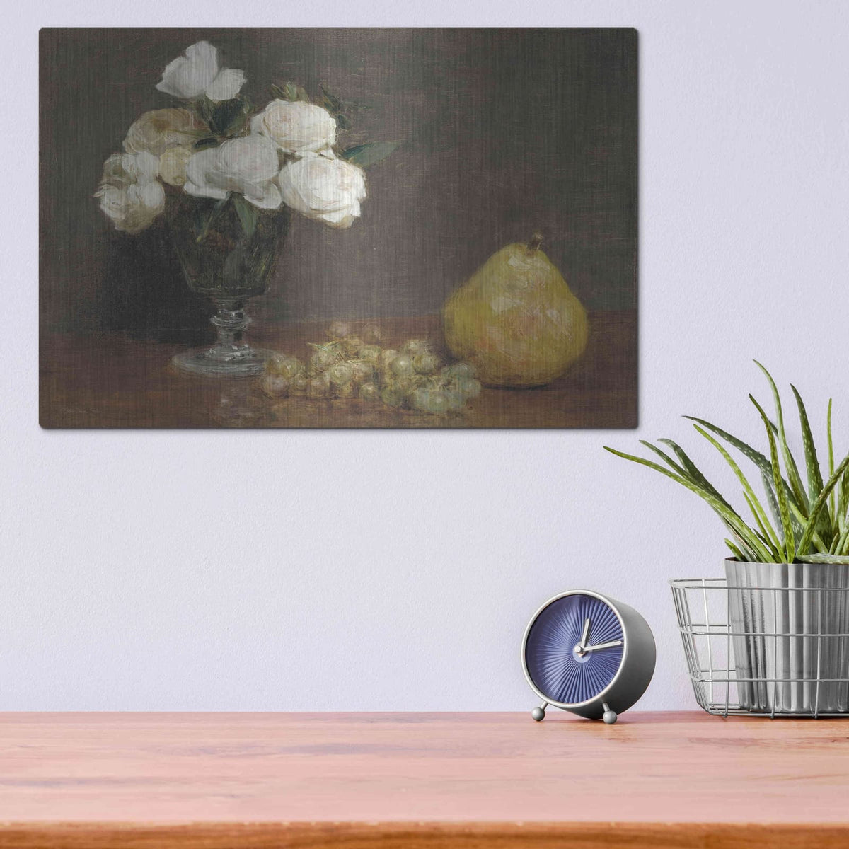 'White Roses And Fruit' by Stellar Design Studio – Metal Wall Art, 16x12 room view