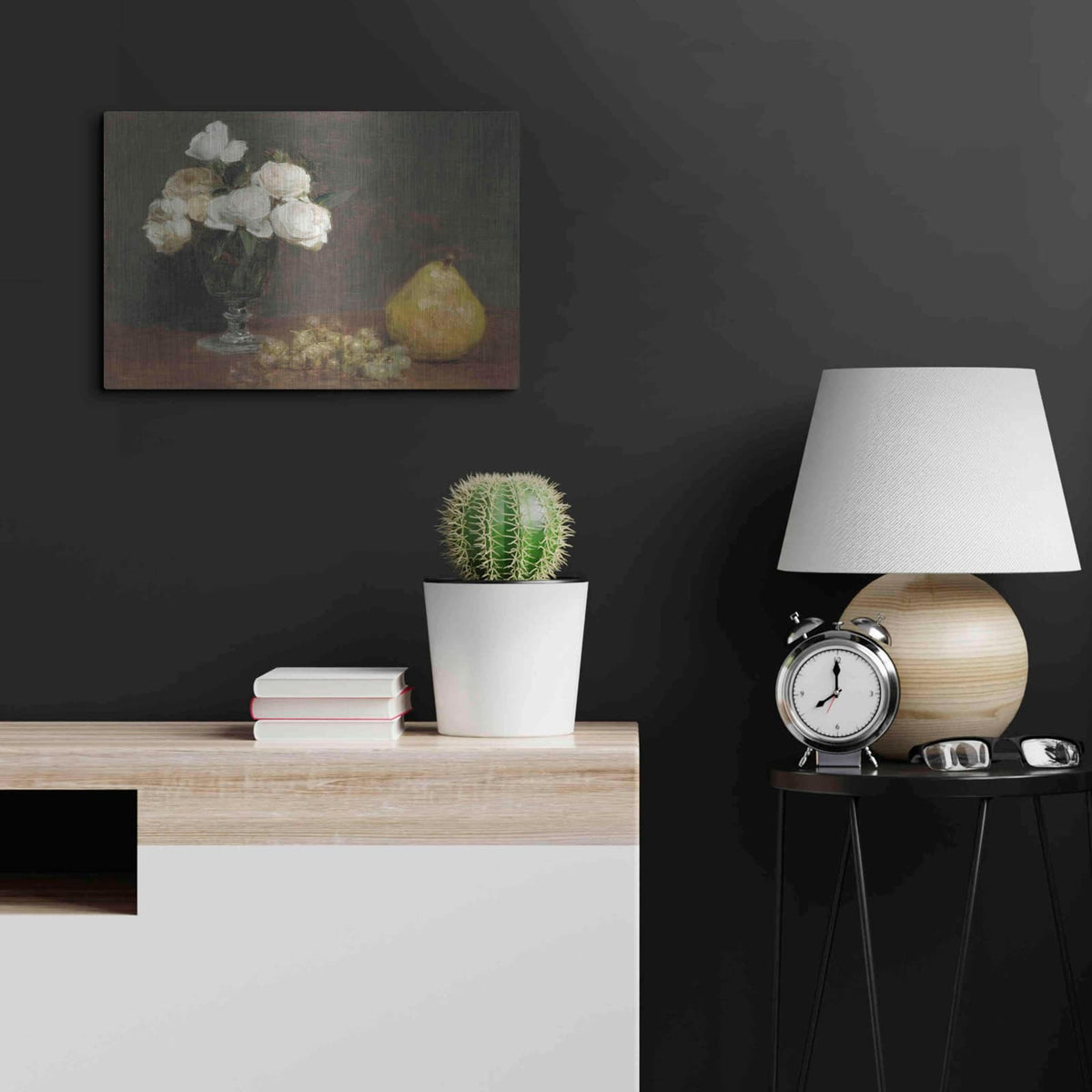 'White Roses And Fruit' by Stellar Design Studio – Metal Wall Art, 24x16 room view