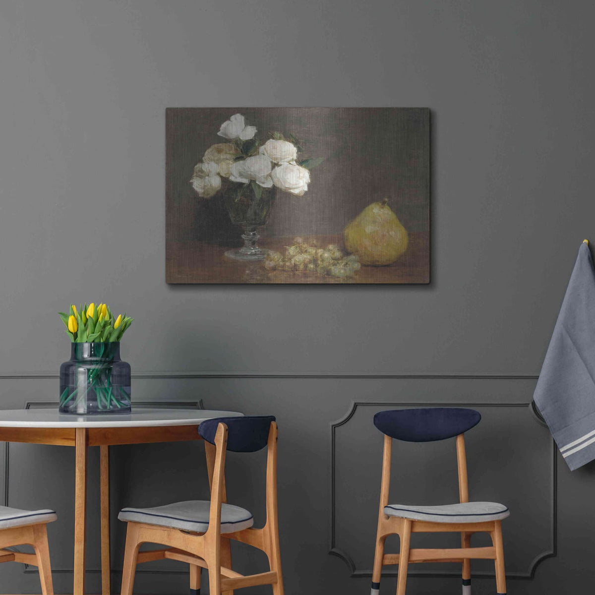 'White Roses And Fruit' by Stellar Design Studio – Metal Wall Art, 36x24 room view