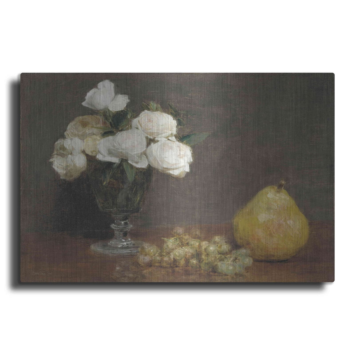 'White Roses And Fruit' by Stellar Design Studio – Metal Wall Art