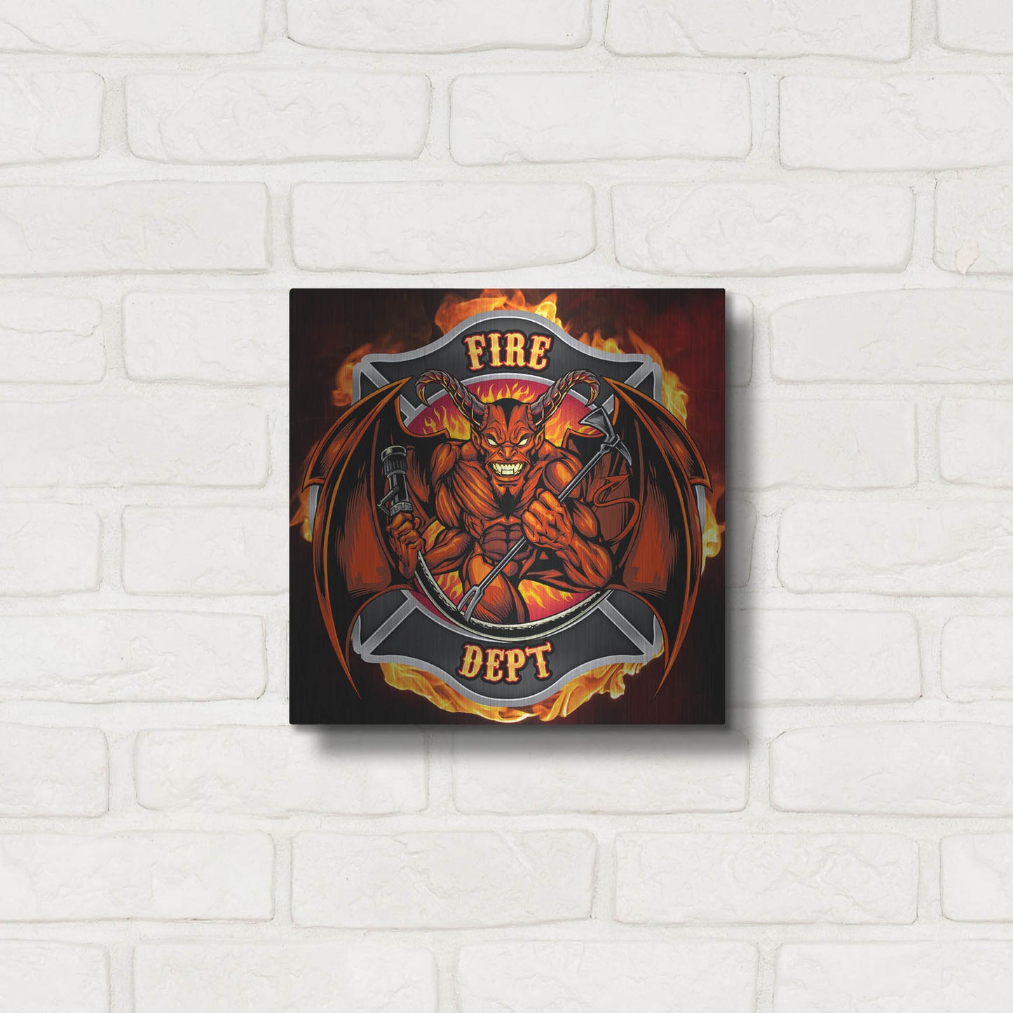 Luxe Metal Art 'Devil Fire Department Logo' by Flyland Designs, Metal Wall Art,12x12