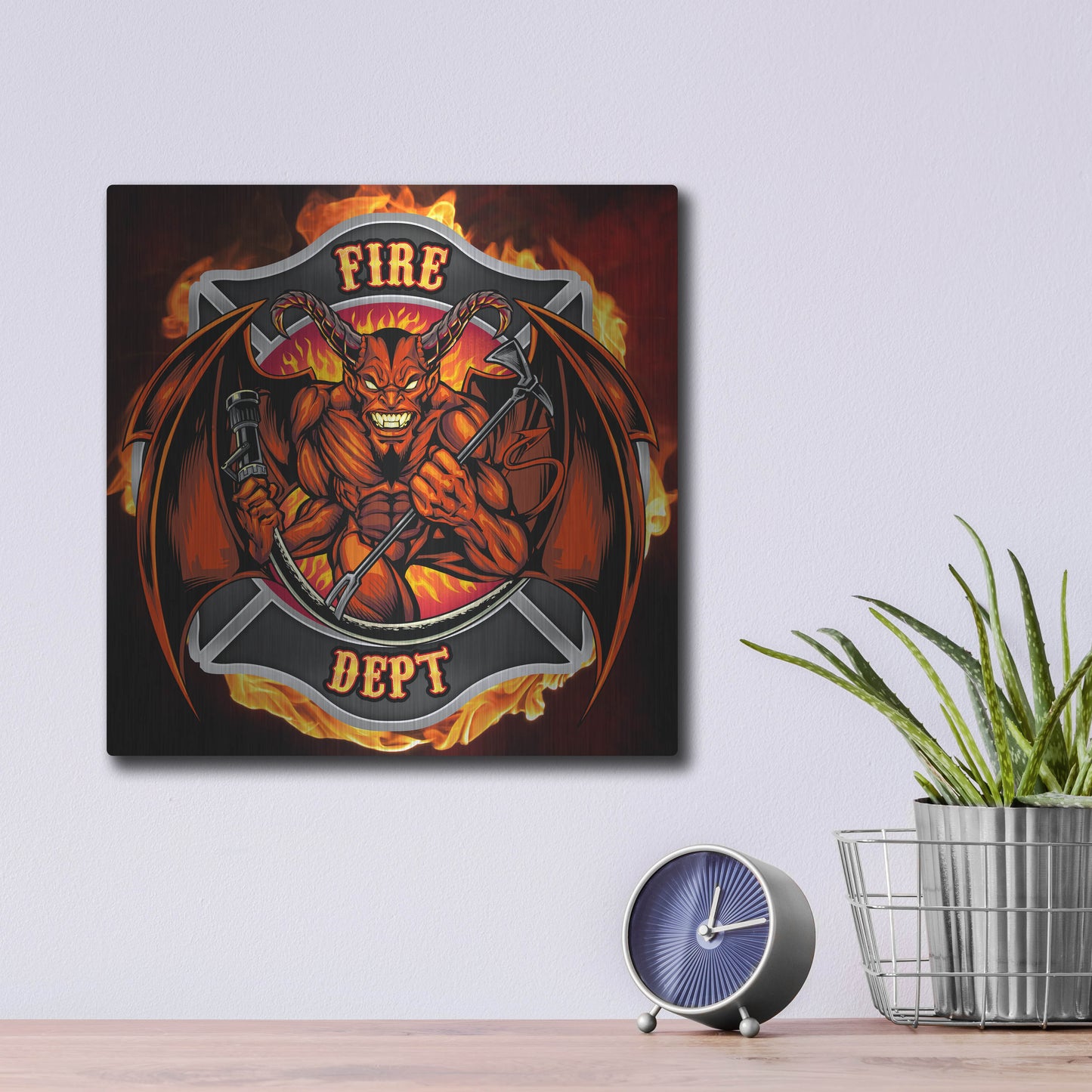 Luxe Metal Art 'Devil Fire Department Logo' by Flyland Designs, Metal Wall Art,12x12