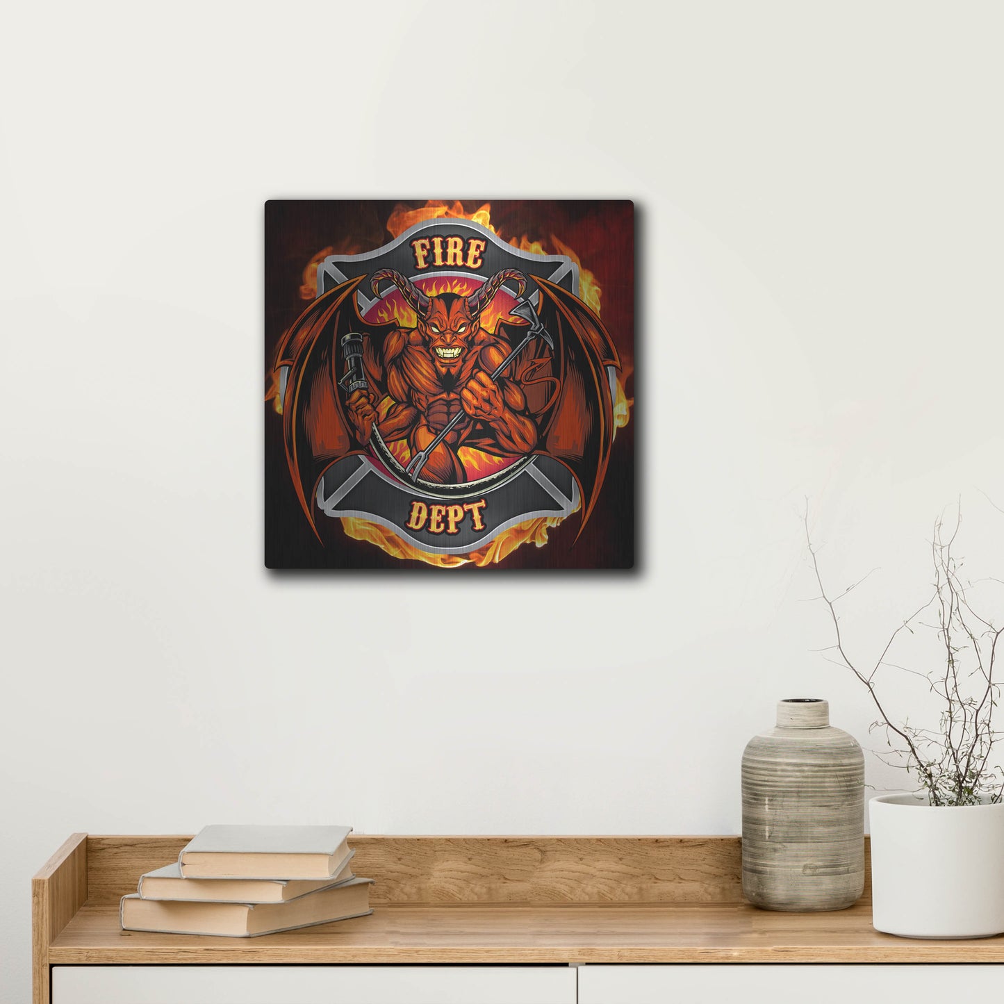 Luxe Metal Art 'Devil Fire Department Logo' by Flyland Designs, Metal Wall Art,12x12