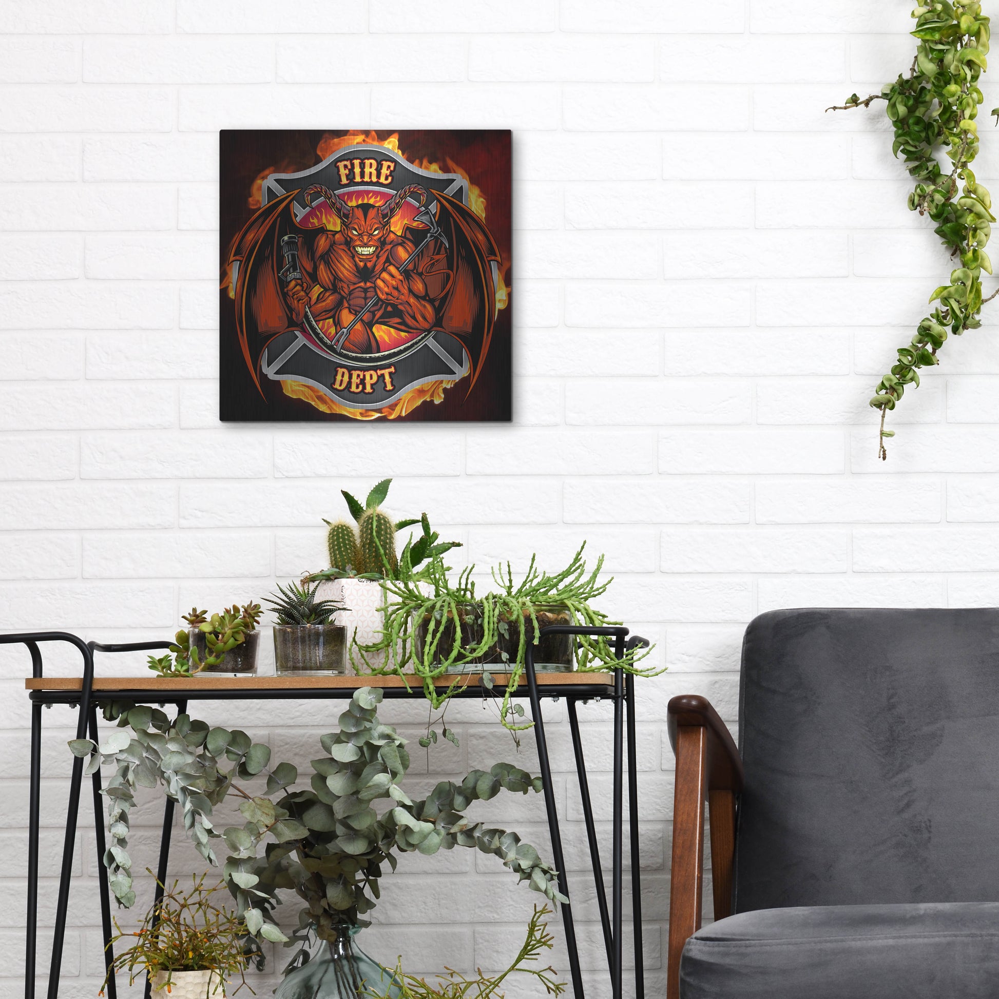 Luxe Metal Art 'Devil Fire Department Logo' by Flyland Designs, Metal Wall Art,12x12