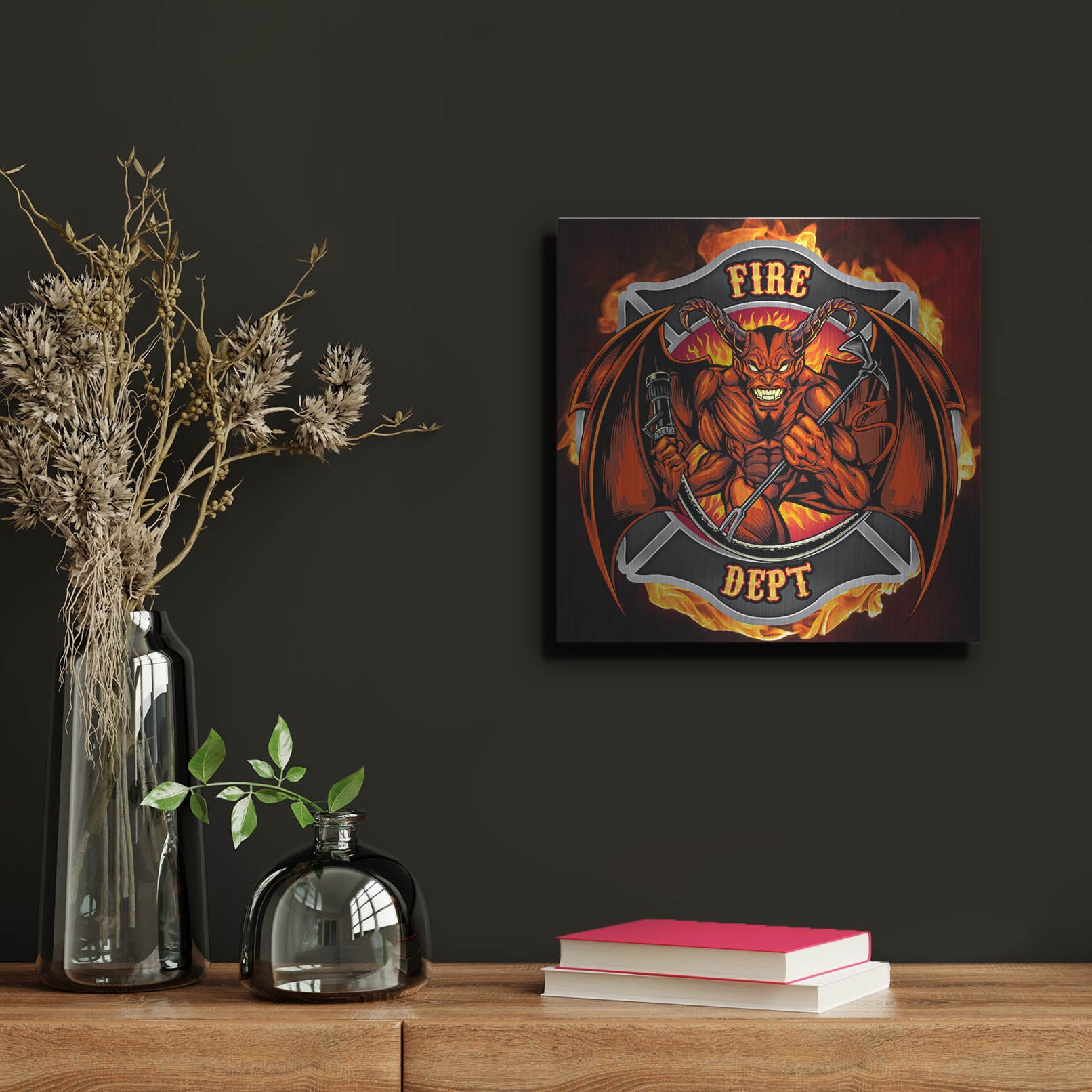 Luxe Metal Art 'Devil Fire Department Logo' by Flyland Designs, Metal Wall Art,12x12