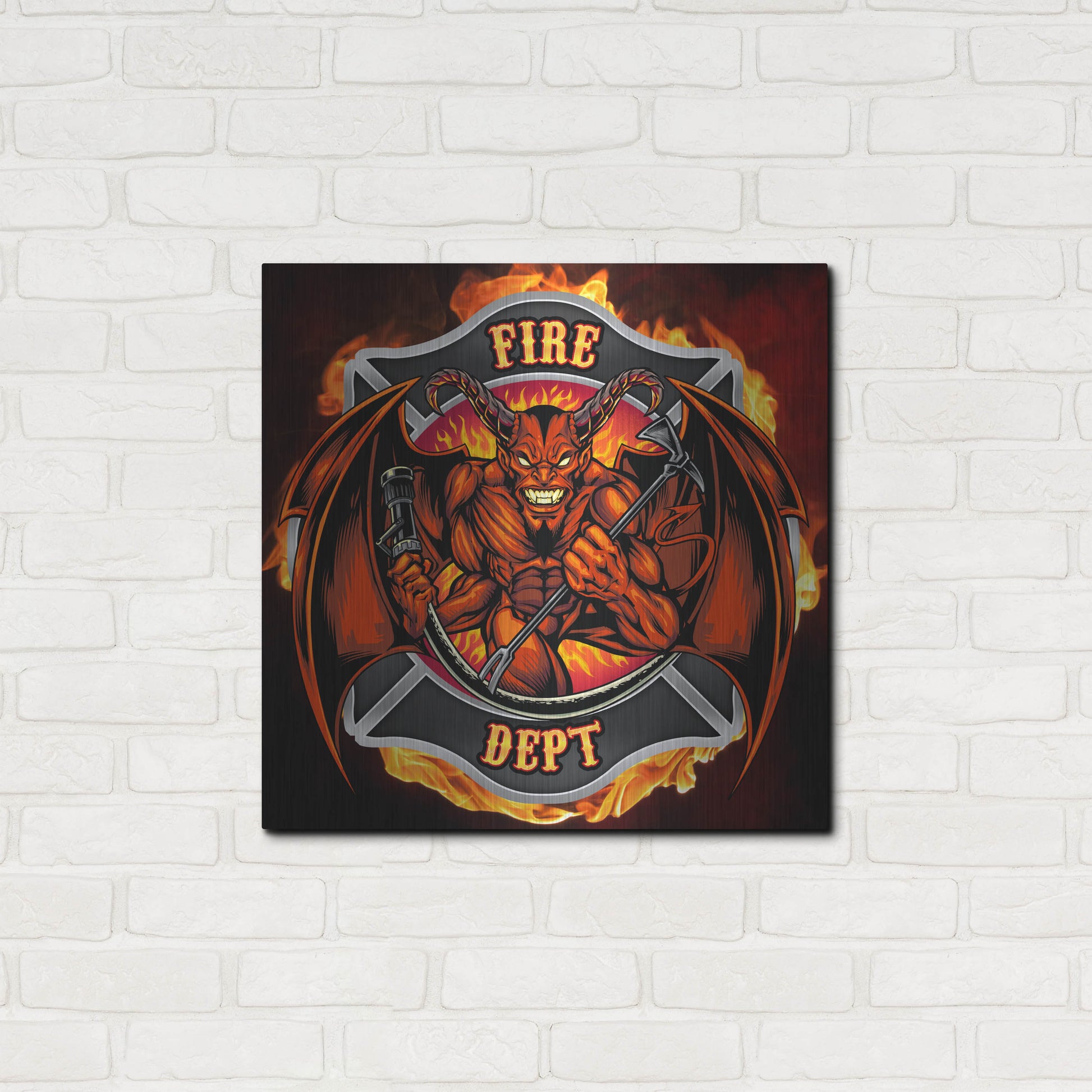 Luxe Metal Art 'Devil Fire Department Logo' by Flyland Designs, Metal Wall Art,24x24