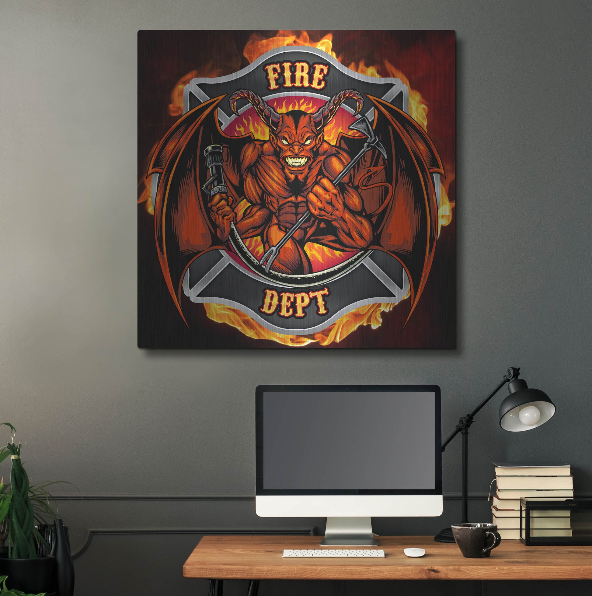 Luxe Metal Art 'Devil Fire Department Logo' by Flyland Designs, Metal Wall Art,36x36