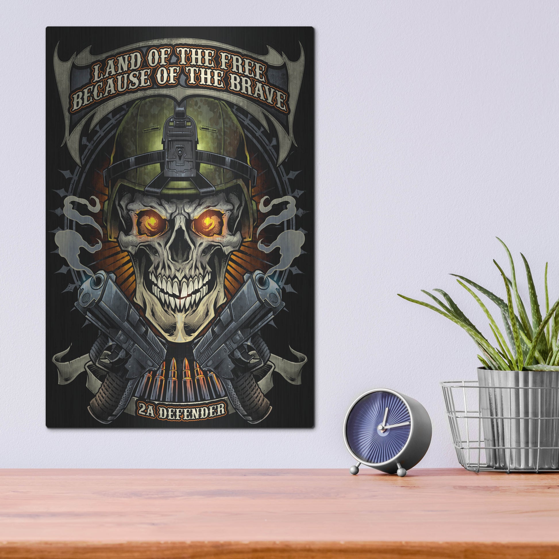Luxe Metal Art 'Skull Soldier and Guns' by Flyland Designs, Metal Wall Art,12x16