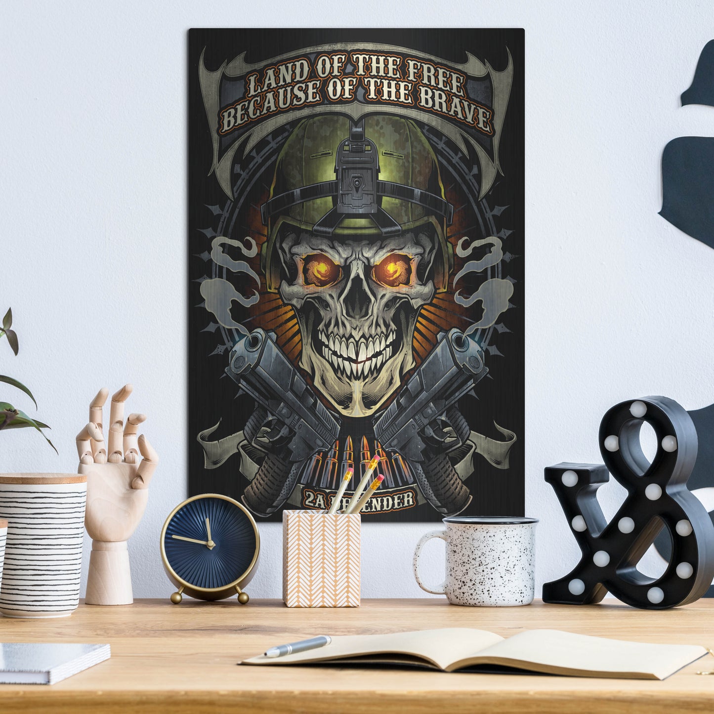 Luxe Metal Art 'Skull Soldier and Guns' by Flyland Designs, Metal Wall Art,12x16