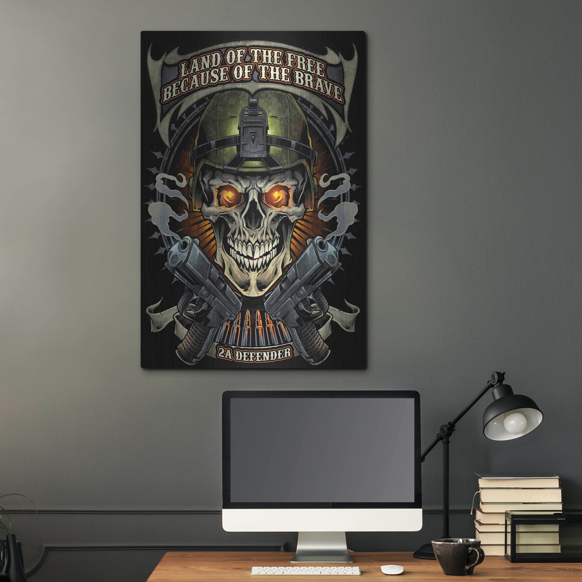 Luxe Metal Art 'Skull Soldier and Guns' by Flyland Designs, Metal Wall Art,24x36