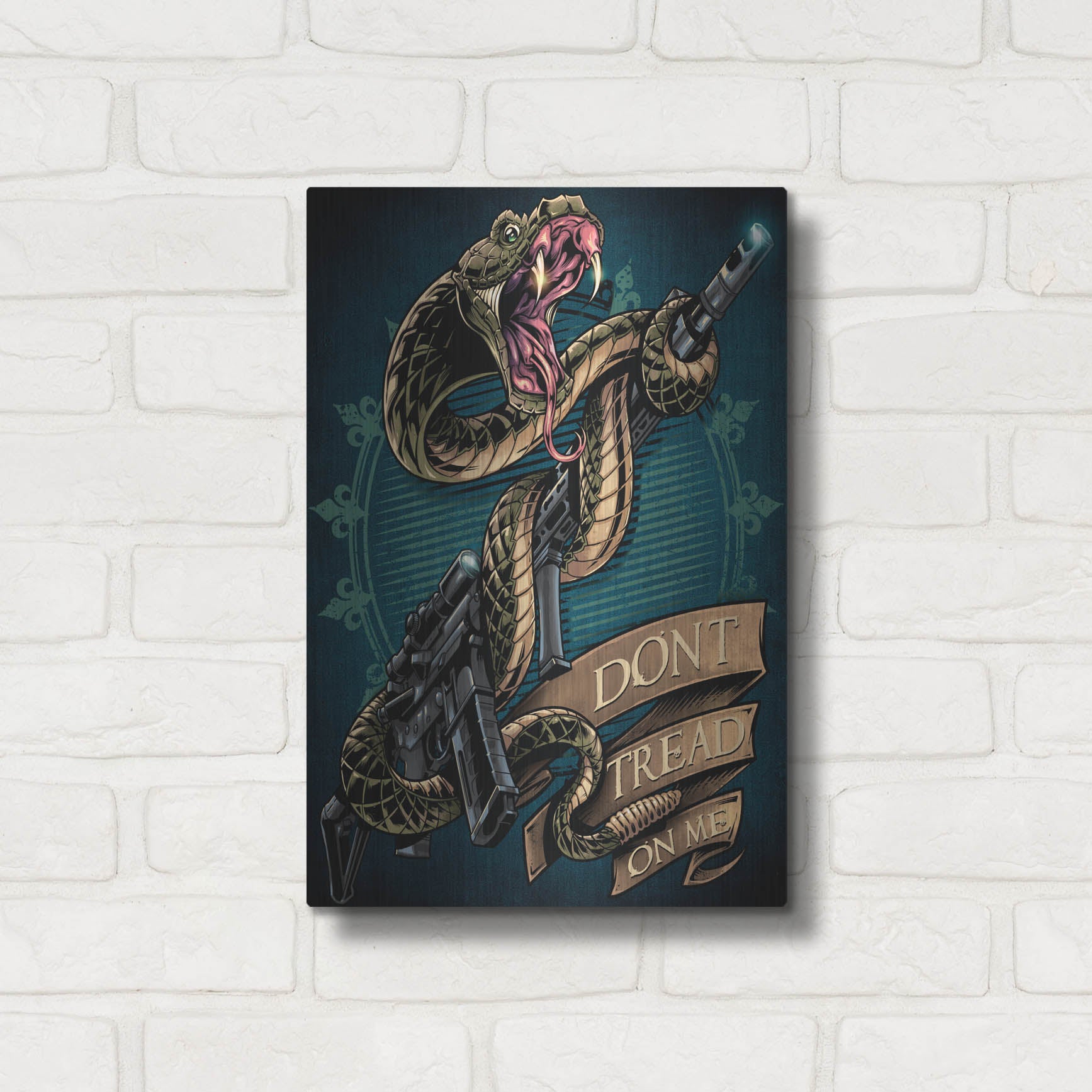 Luxe Metal Art 'Snake and Rifle T-Shirt Template' by Flyland Designs, Metal Wall Art,12x16