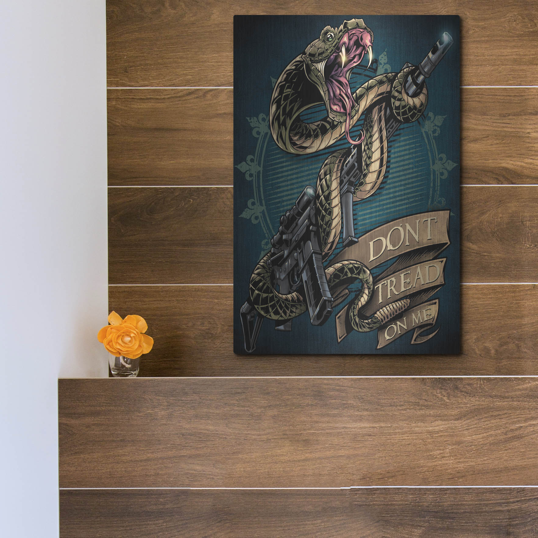 Luxe Metal Art 'Snake and Rifle T-Shirt Template' by Flyland Designs, Metal Wall Art,12x16