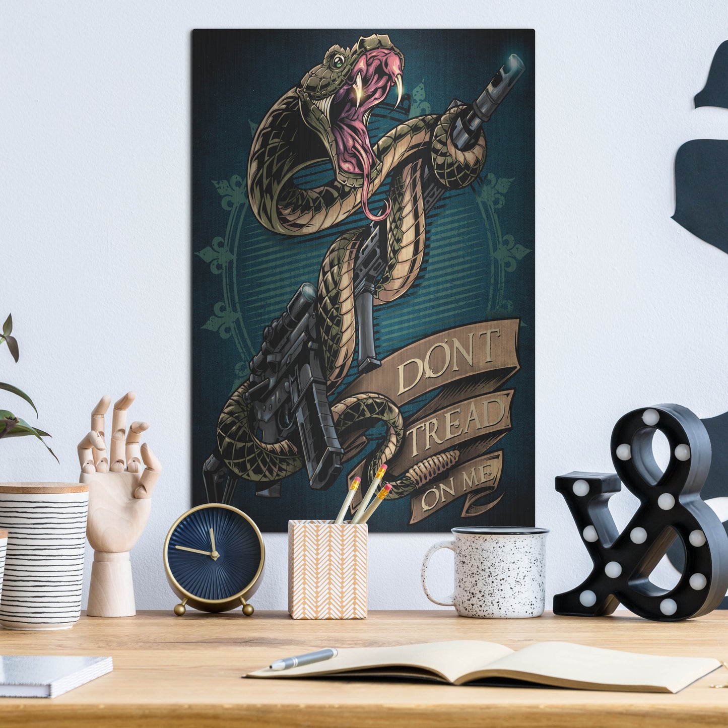 Luxe Metal Art 'Snake and Rifle T-Shirt Template' by Flyland Designs, Metal Wall Art,12x16