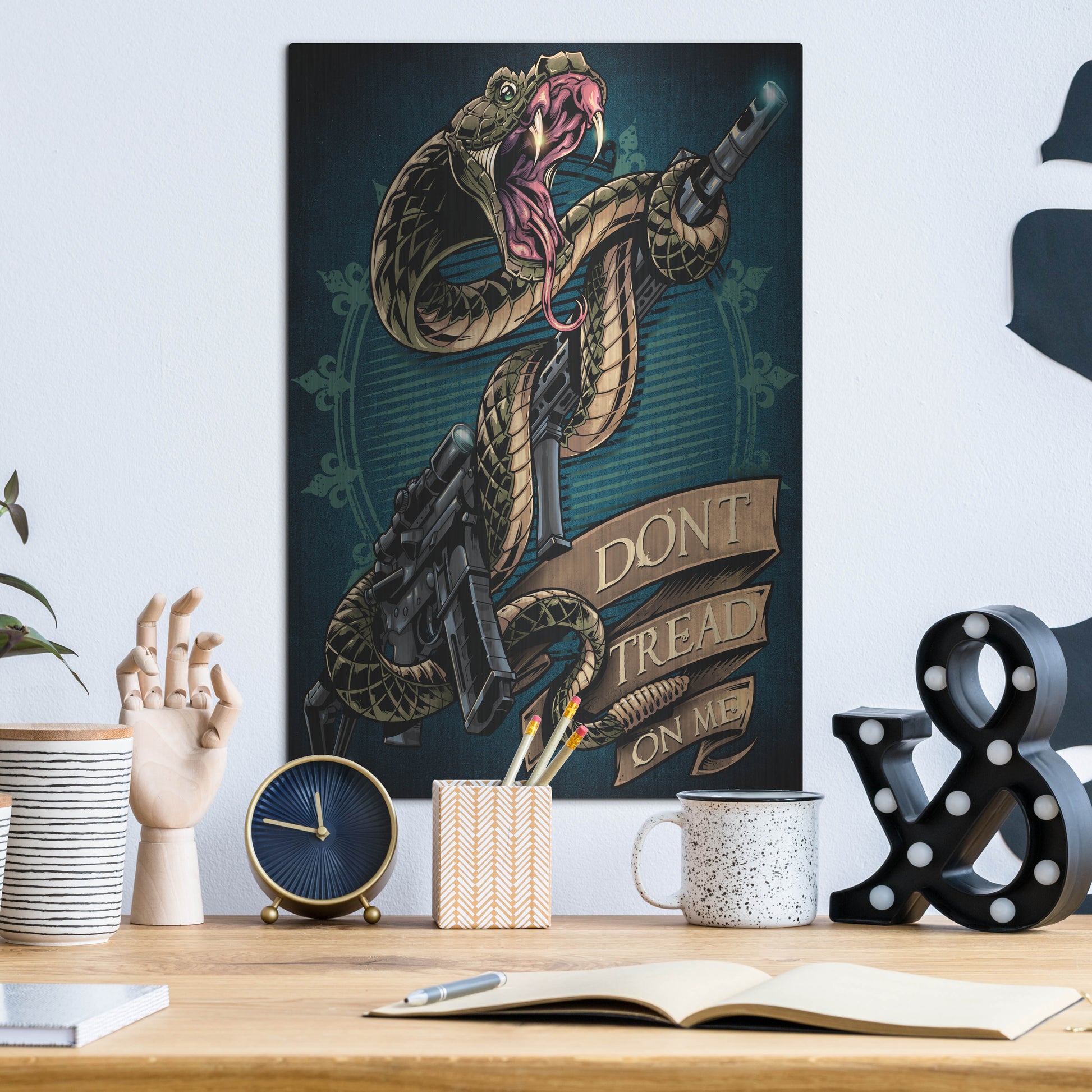 Luxe Metal Art 'Snake and Rifle T-Shirt Template' by Flyland Designs, Metal Wall Art,12x16